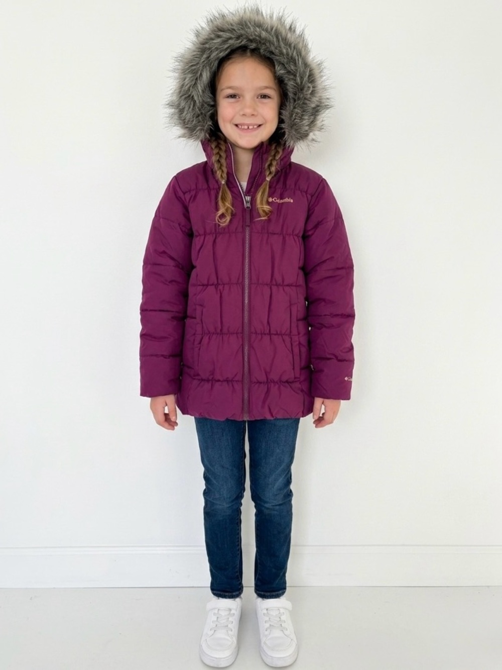 Columbia Girls Puffer Jacket Purple Hooded Faux Fur Trim Winter Coat Size Medium